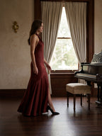 Burgundy Satin Column Halter Backless Ankle-Length Bridesmaid Dress with Ruffles - Curvevia