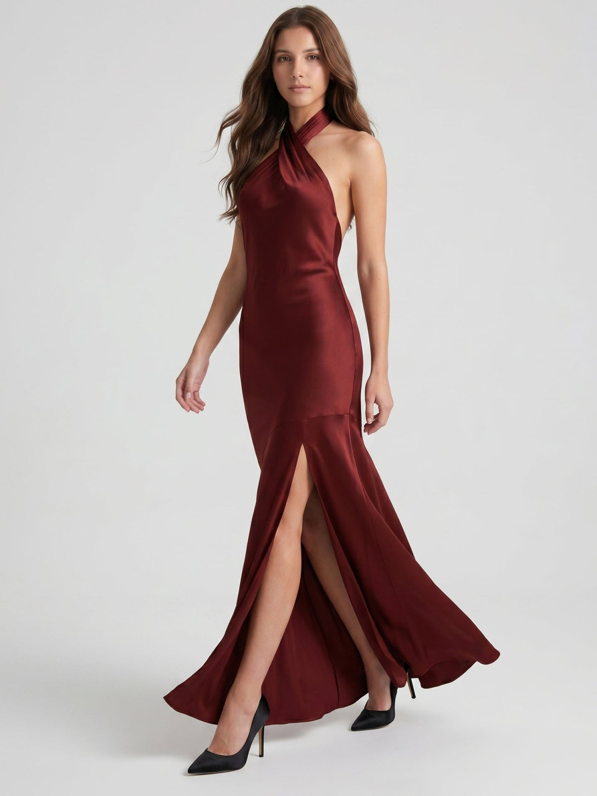 Burgundy Satin Column Halter Backless Ankle-Length Bridesmaid Dress with Ruffles - Curvevia