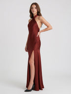 Burgundy Satin Column Halter Backless Ankle-Length Bridesmaid Dress with Ruffles - Curvevia