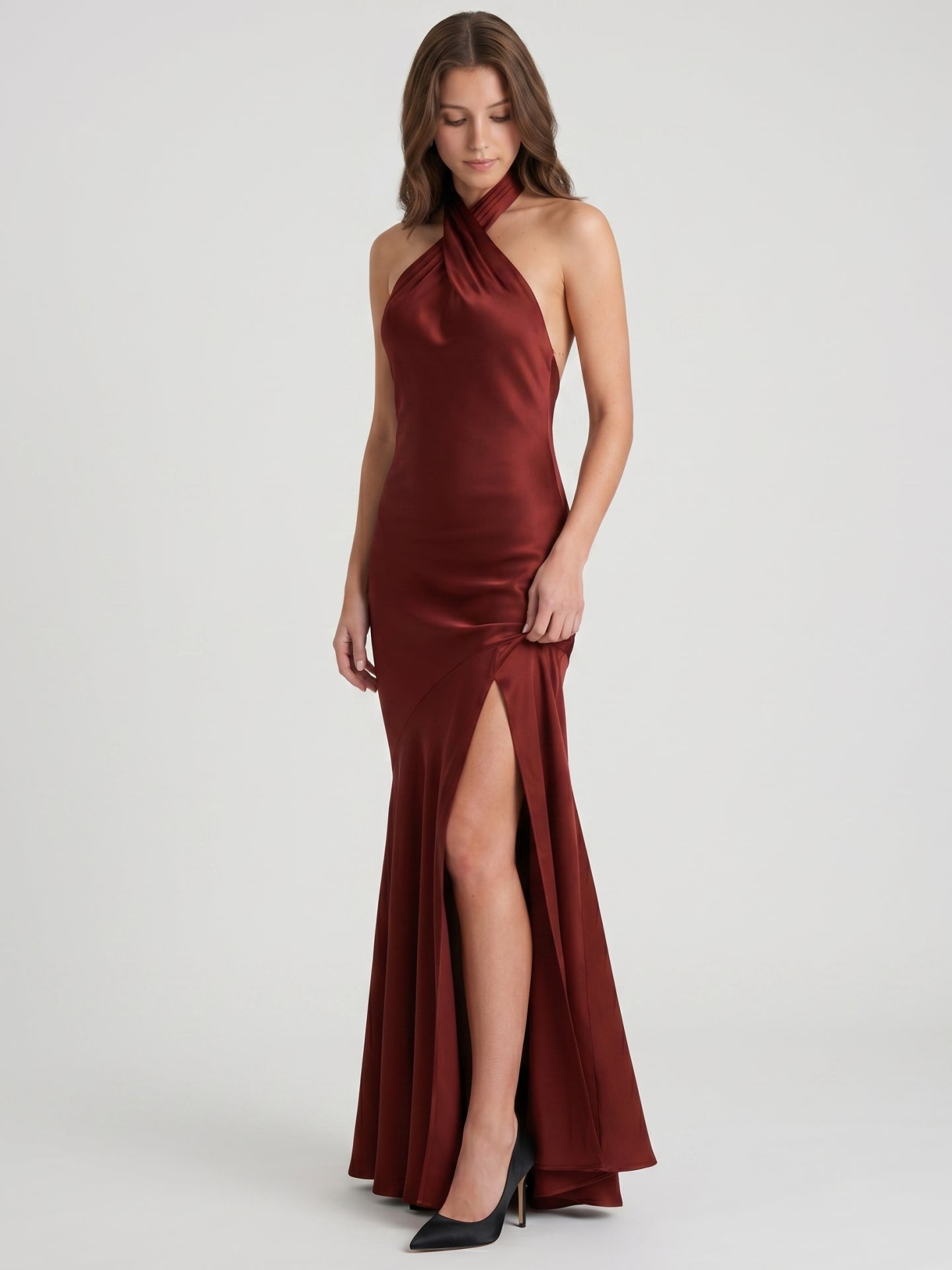 Burgundy Satin Column Halter Backless Ankle-Length Bridesmaid Dress with Ruffles - Curvevia