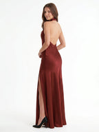 Burgundy Satin Column Halter Backless Ankle-Length Bridesmaid Dress with Ruffles - Curvevia