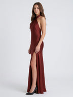 Burgundy Satin Column Halter Backless Ankle-Length Bridesmaid Dress with Ruffles - Curvevia