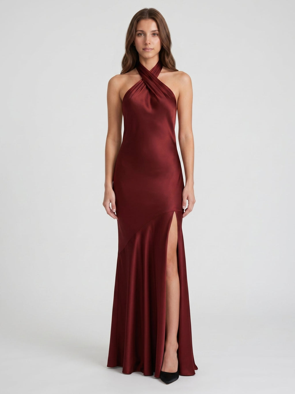 Burgundy Satin Column Halter Backless Ankle-Length Bridesmaid Dress with Ruffles - Curvevia