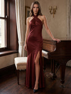 Burgundy Satin Column Halter Backless Ankle-Length Bridesmaid Dress with Ruffles - Curvevia