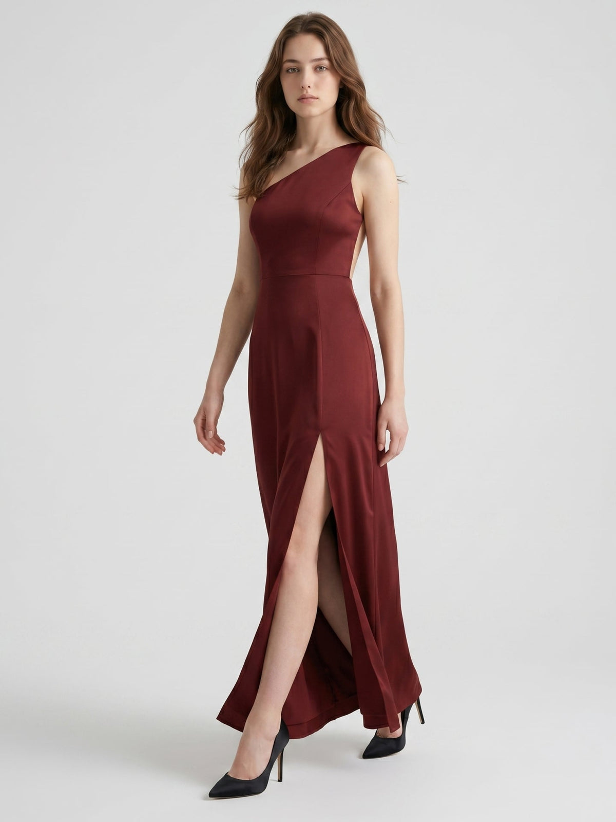 Burgundy Satin Column One Shoulder Lace-up Ankle-Length Bridesmaid Dress - Curvevia