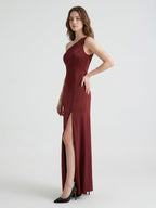 Burgundy Satin Column One Shoulder Lace-up Ankle-Length Bridesmaid Dress - Curvevia