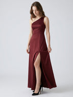 Burgundy Satin Column One Shoulder Lace-up Ankle-Length Bridesmaid Dress - Curvevia