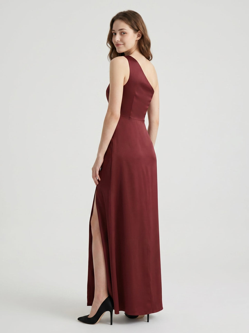 Burgundy Satin Column One Shoulder Lace-up Ankle-Length Bridesmaid Dress - Curvevia