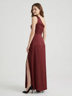 Burgundy Satin Column One Shoulder Lace-up Ankle-Length Bridesmaid Dress - Curvevia
