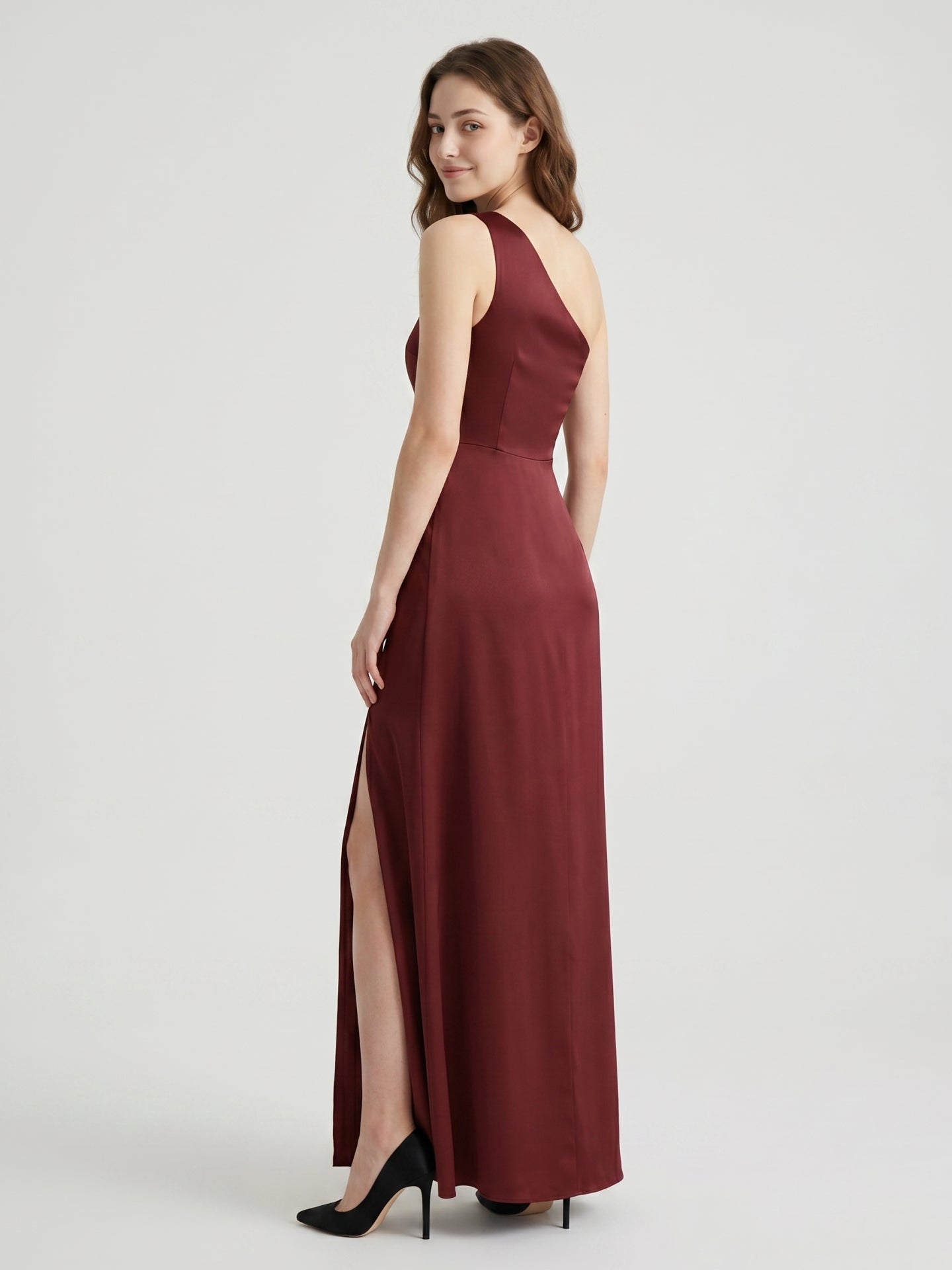 Burgundy Satin Column One Shoulder Lace-up Ankle-Length Bridesmaid Dress - Curvevia