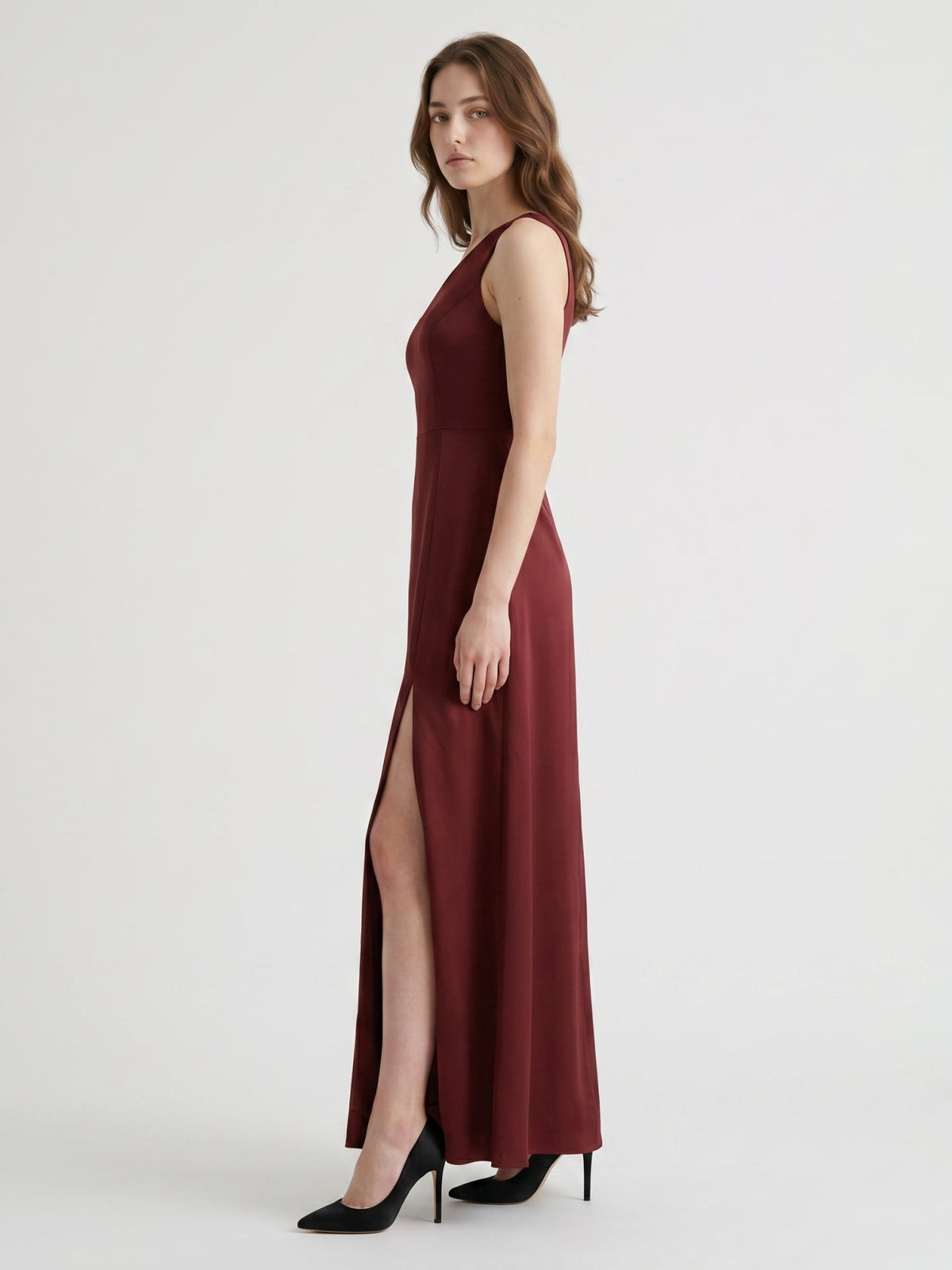 Burgundy Satin Column One Shoulder Lace-up Ankle-Length Bridesmaid Dress - Curvevia