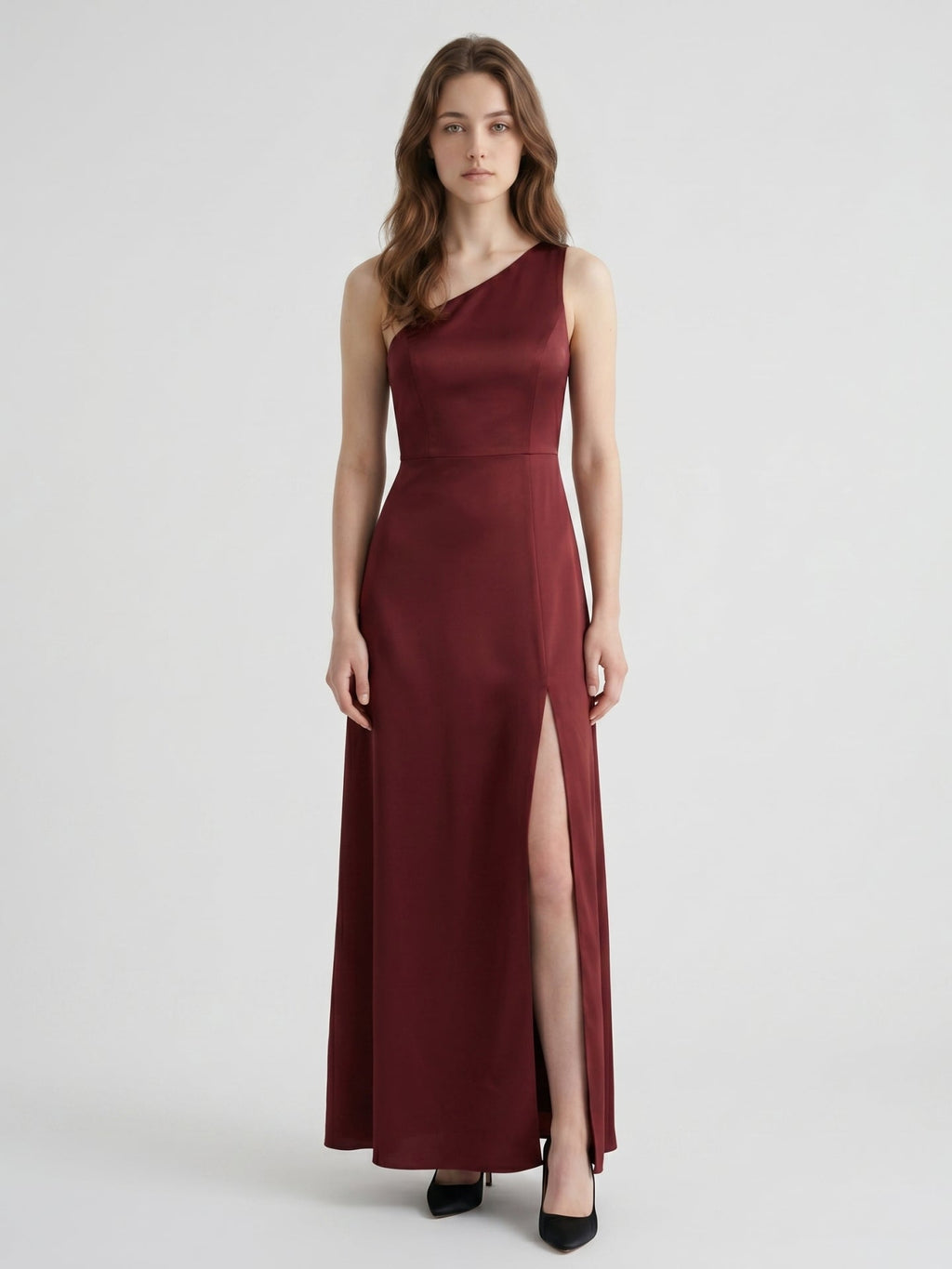 Burgundy Satin Column One Shoulder Lace-up Ankle-Length Bridesmaid Dress - Curvevia