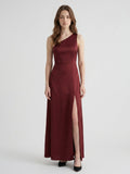 Burgundy Satin Column One Shoulder Lace-up Ankle-Length Bridesmaid Dress - Curvevia