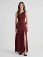Burgundy Satin Column One Shoulder Lace-up Ankle-Length Bridesmaid Dress - Curvevia