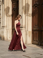 Burgundy Satin Column One Shoulder Lace-up Ankle-Length Bridesmaid Dress - Curvevia