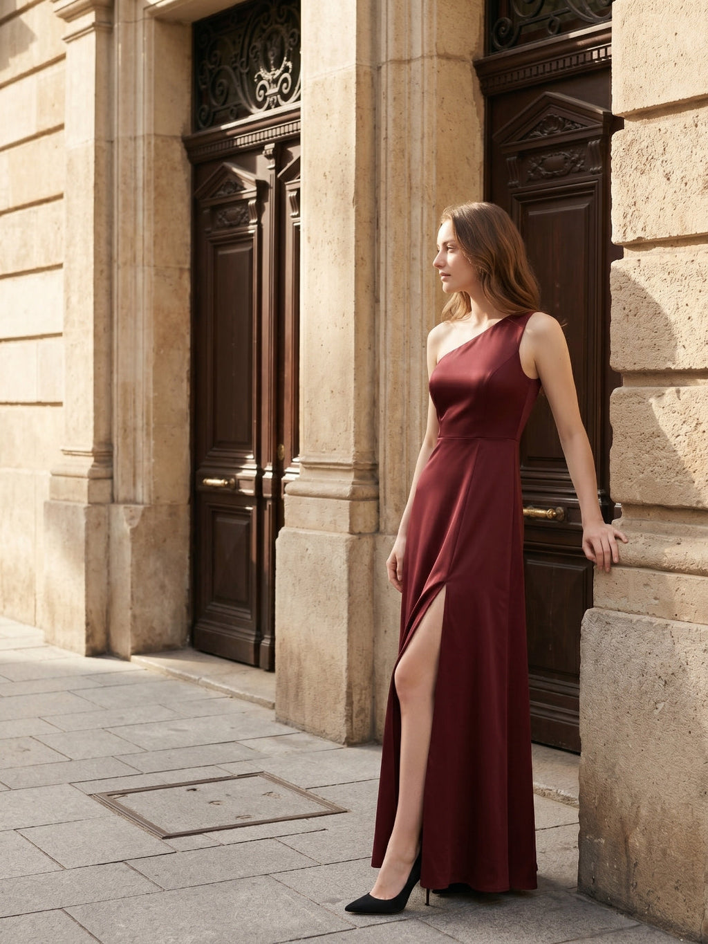 Burgundy Satin Column One Shoulder Lace-up Ankle-Length Bridesmaid Dress - Curvevia