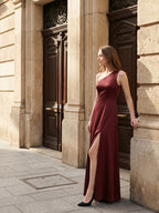 Burgundy Satin Column One Shoulder Lace-up Ankle-Length Bridesmaid Dress - Curvevia
