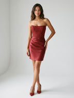 Burgundy Satin Column Straight Neck Back Zip Short Homecoming Dress with Pleating - Curvevia