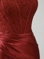 Burgundy Satin Column Straight Neck Back Zip Short Homecoming Dress with Pleating - Curvevia