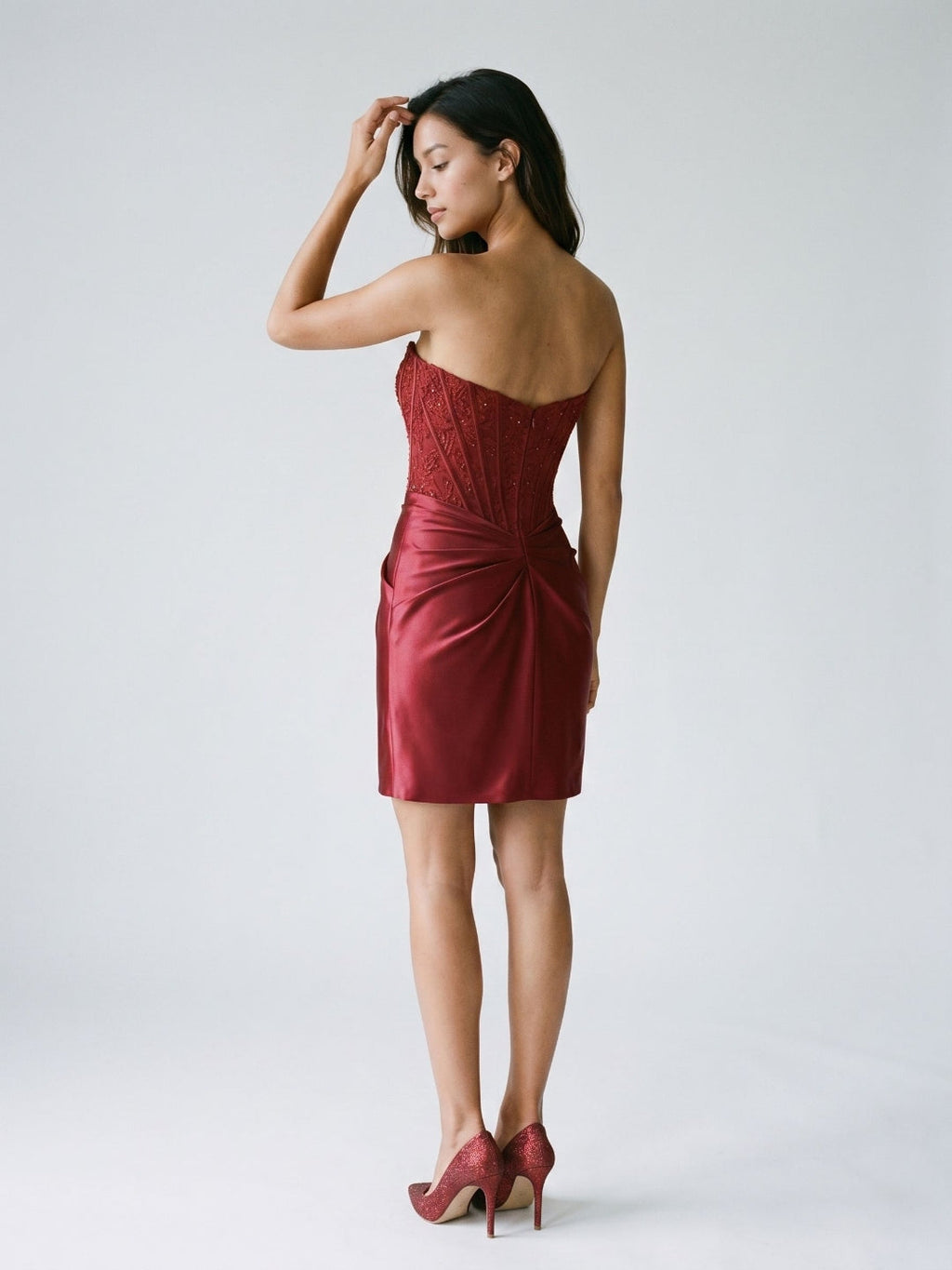 Burgundy Satin Column Straight Neck Back Zip Short Homecoming Dress with Pleating - Curvevia