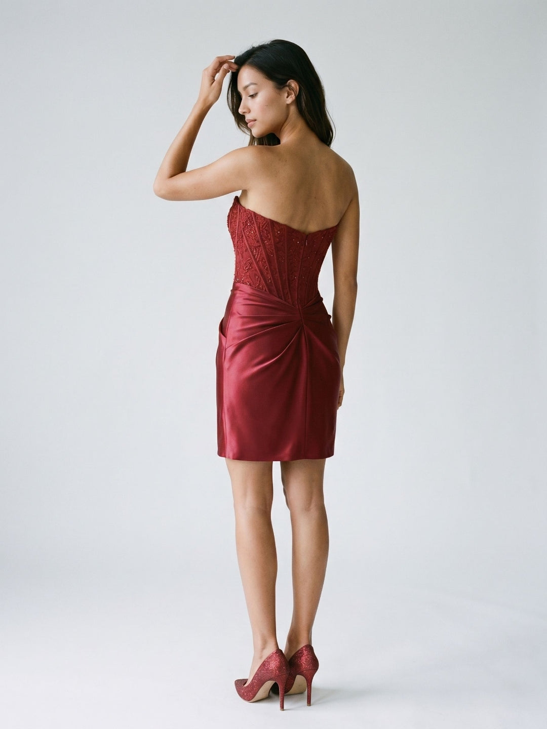 Burgundy Satin Column Straight Neck Back Zip Short Homecoming Dress with Pleating - Curvevia