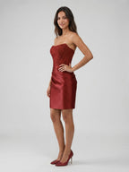Burgundy Satin Column Straight Neck Back Zip Short Homecoming Dress with Pleating - Curvevia