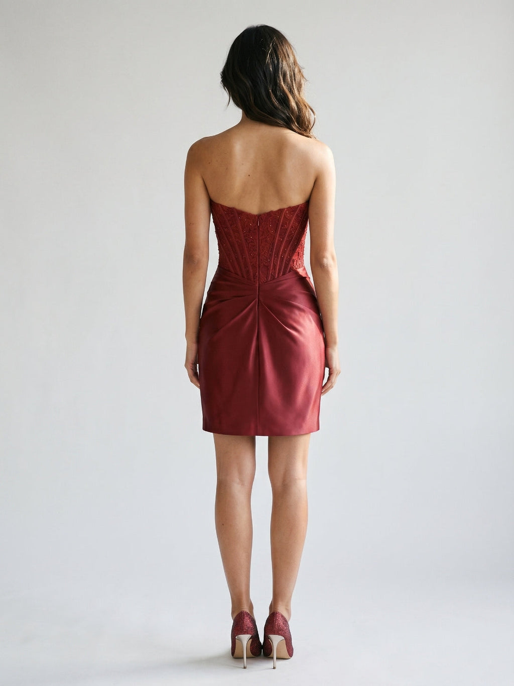 Burgundy Satin Column Straight Neck Back Zip Short Homecoming Dress with Pleating - Curvevia
