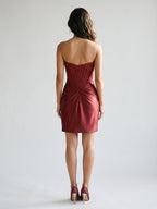 Burgundy Satin Column Straight Neck Back Zip Short Homecoming Dress with Pleating - Curvevia