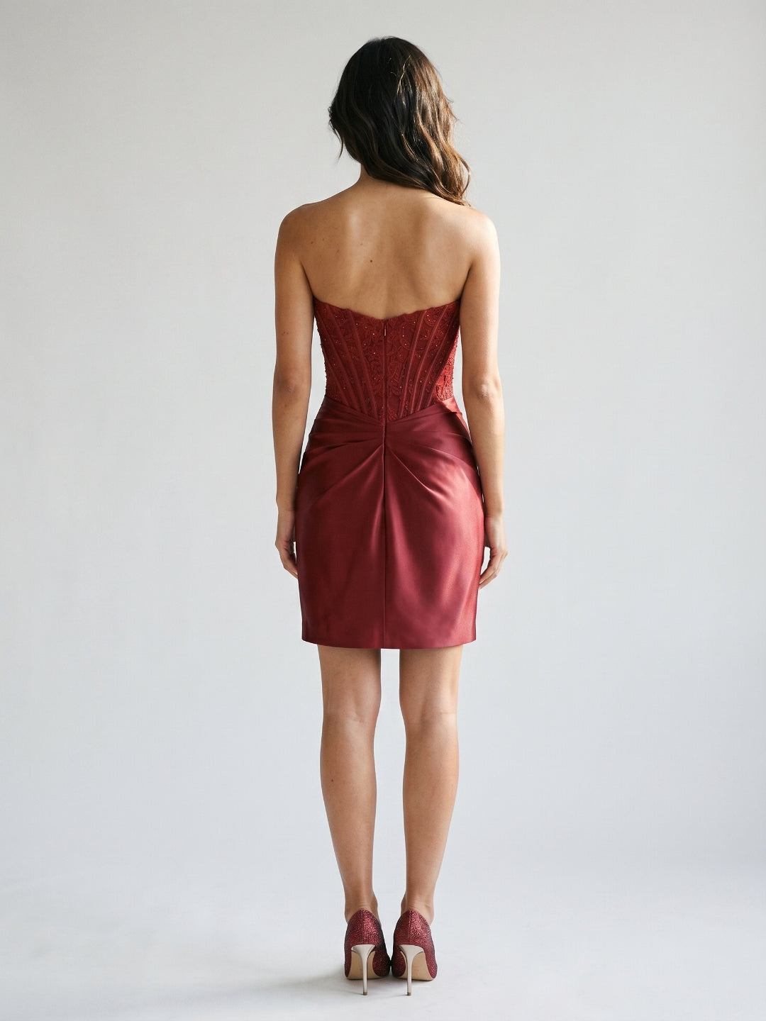 Burgundy Satin Column Straight Neck Back Zip Short Homecoming Dress with Pleating - Curvevia