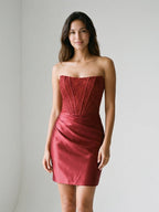 Burgundy Satin Column Straight Neck Back Zip Short Homecoming Dress with Pleating - Curvevia