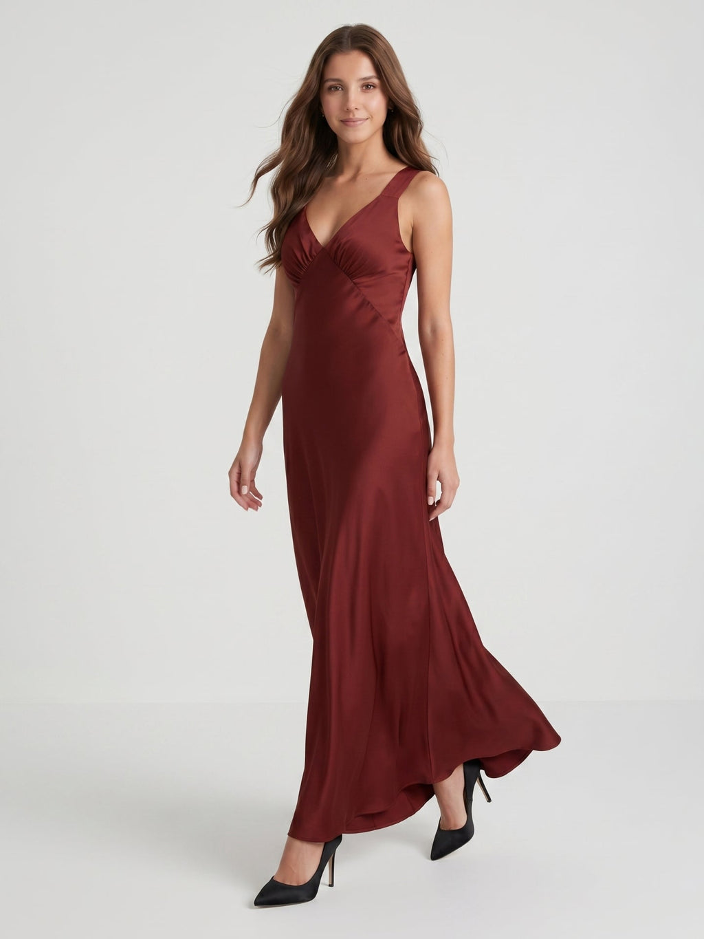 Burgundy Satin Column V-Neck V-Back Floor-Length Bridesmaid Dress - Curvevia