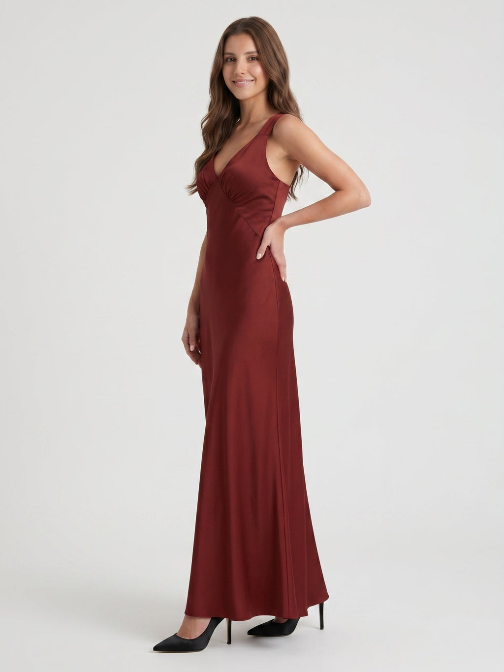 Burgundy Satin Column V-Neck V-Back Floor-Length Bridesmaid Dress - Curvevia