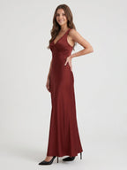 Burgundy Satin Column V-Neck V-Back Floor-Length Bridesmaid Dress - Curvevia