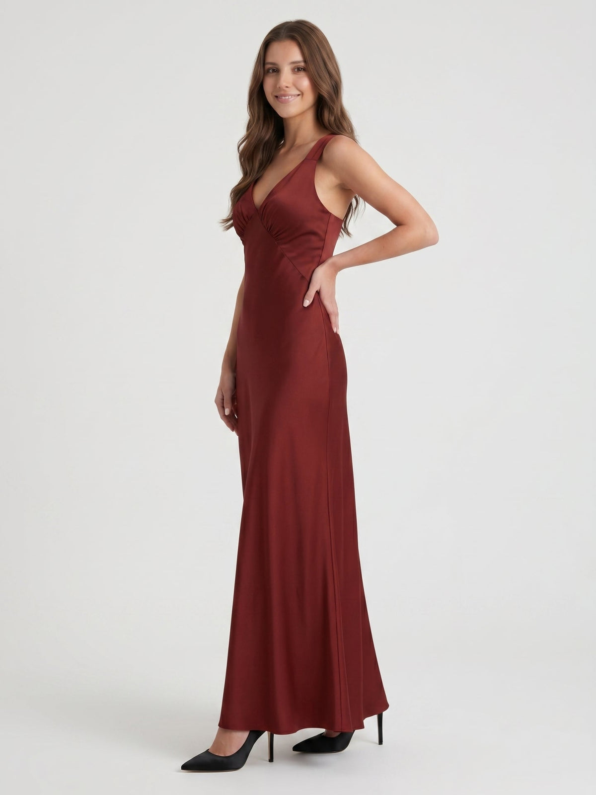 Burgundy Satin Column V-Neck V-Back Floor-Length Bridesmaid Dress - Curvevia