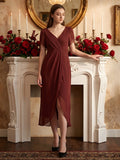 Burgundy Chiffon Sheath V-Neck Back Zip Knee-Length Bridesmaid Dress with Pleats - Curvevia