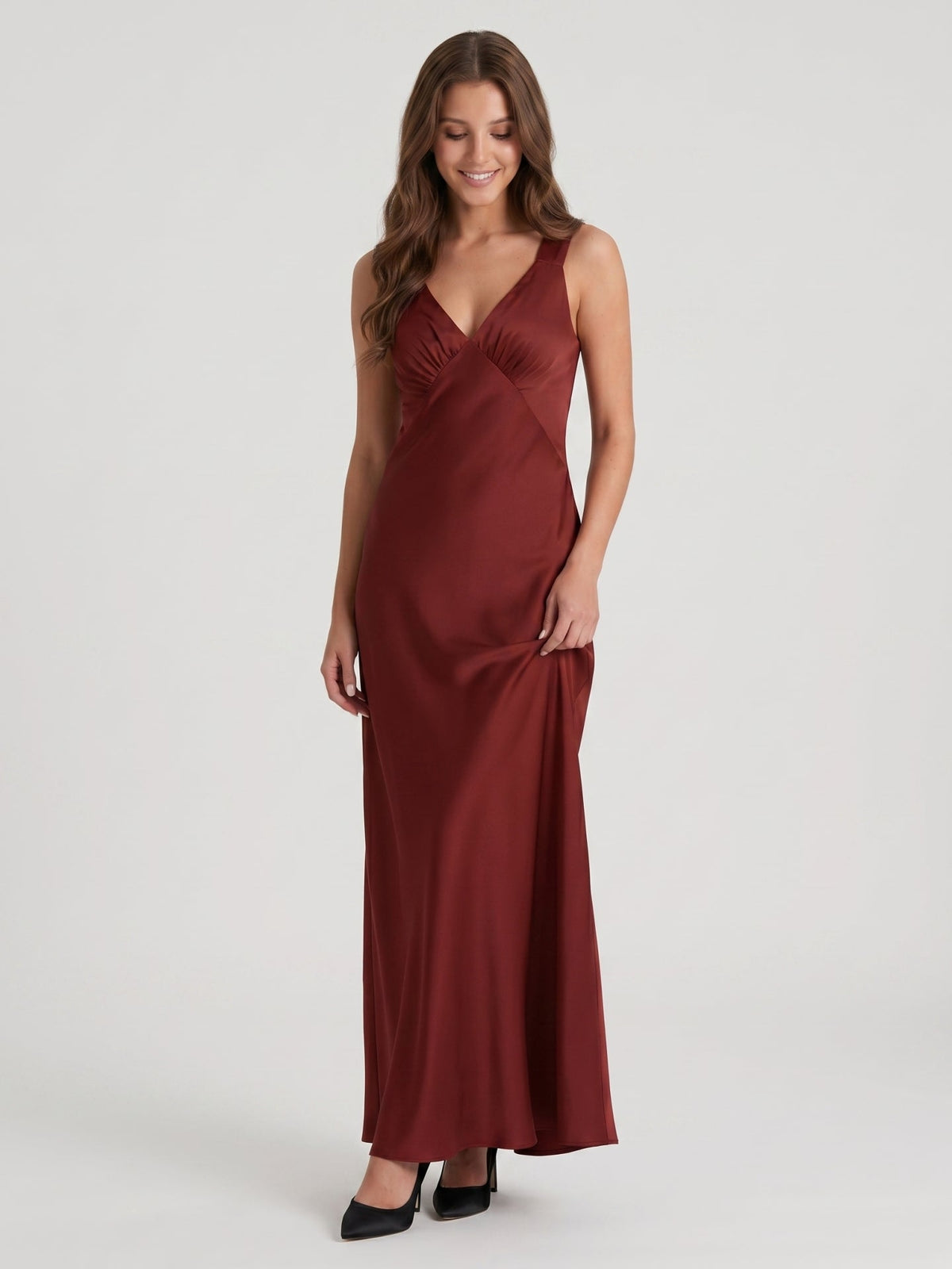 Burgundy Satin Column V-Neck V-Back Floor-Length Bridesmaid Dress - Curvevia