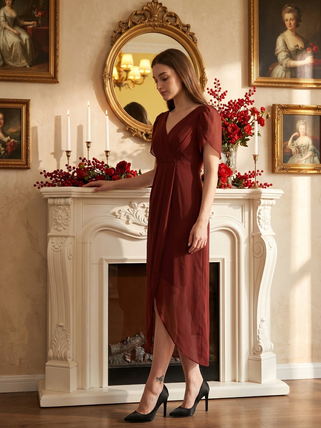 Burgundy Chiffon Sheath V-Neck Back Zip Knee-Length Bridesmaid Dress with Pleats - Curvevia