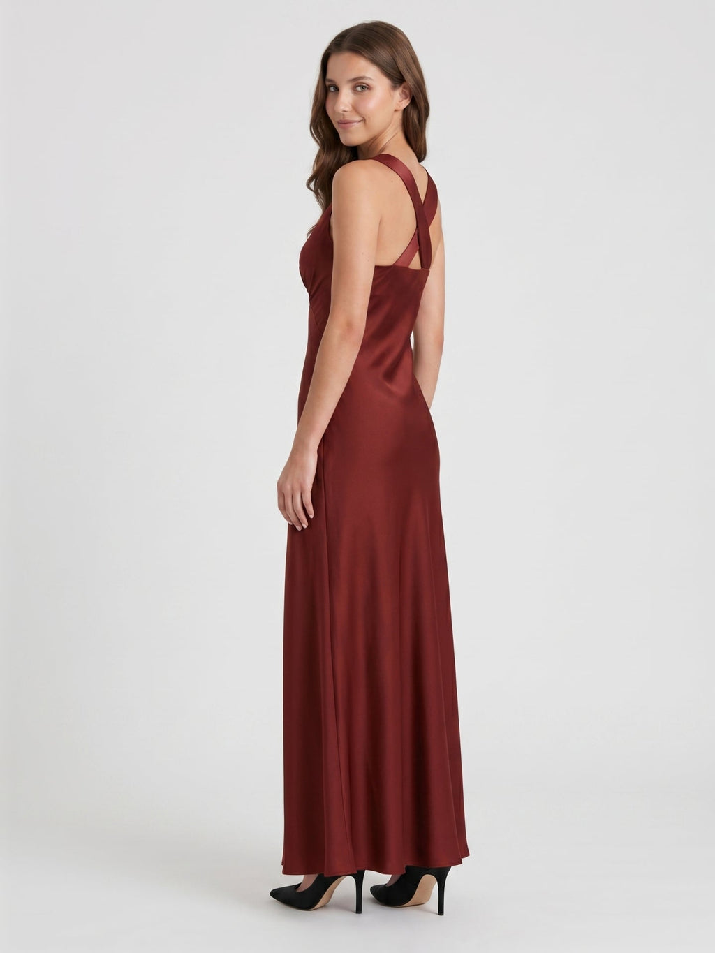 Burgundy Satin Column V-Neck V-Back Floor-Length Bridesmaid Dress - Curvevia