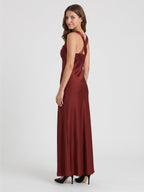 Burgundy Satin Column V-Neck V-Back Floor-Length Bridesmaid Dress - Curvevia