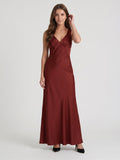 Burgundy Satin Column V-Neck V-Back Floor-Length Bridesmaid Dress - Curvevia