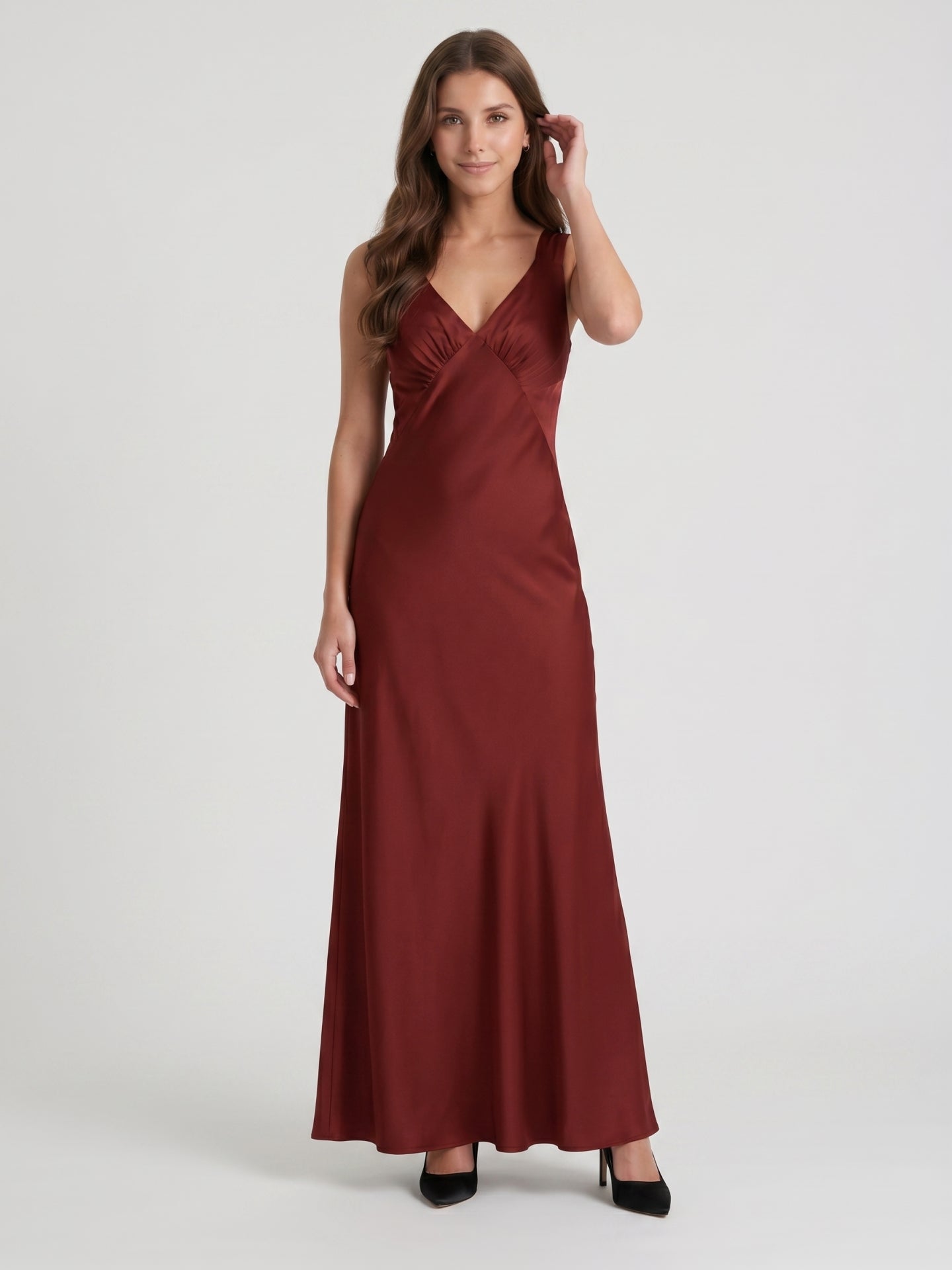 Burgundy Satin Column V-Neck V-Back Floor-Length Bridesmaid Dress - Curvevia