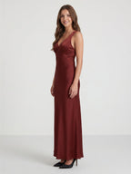 Burgundy Satin Column V-Neck V-Back Floor-Length Bridesmaid Dress - Curvevia