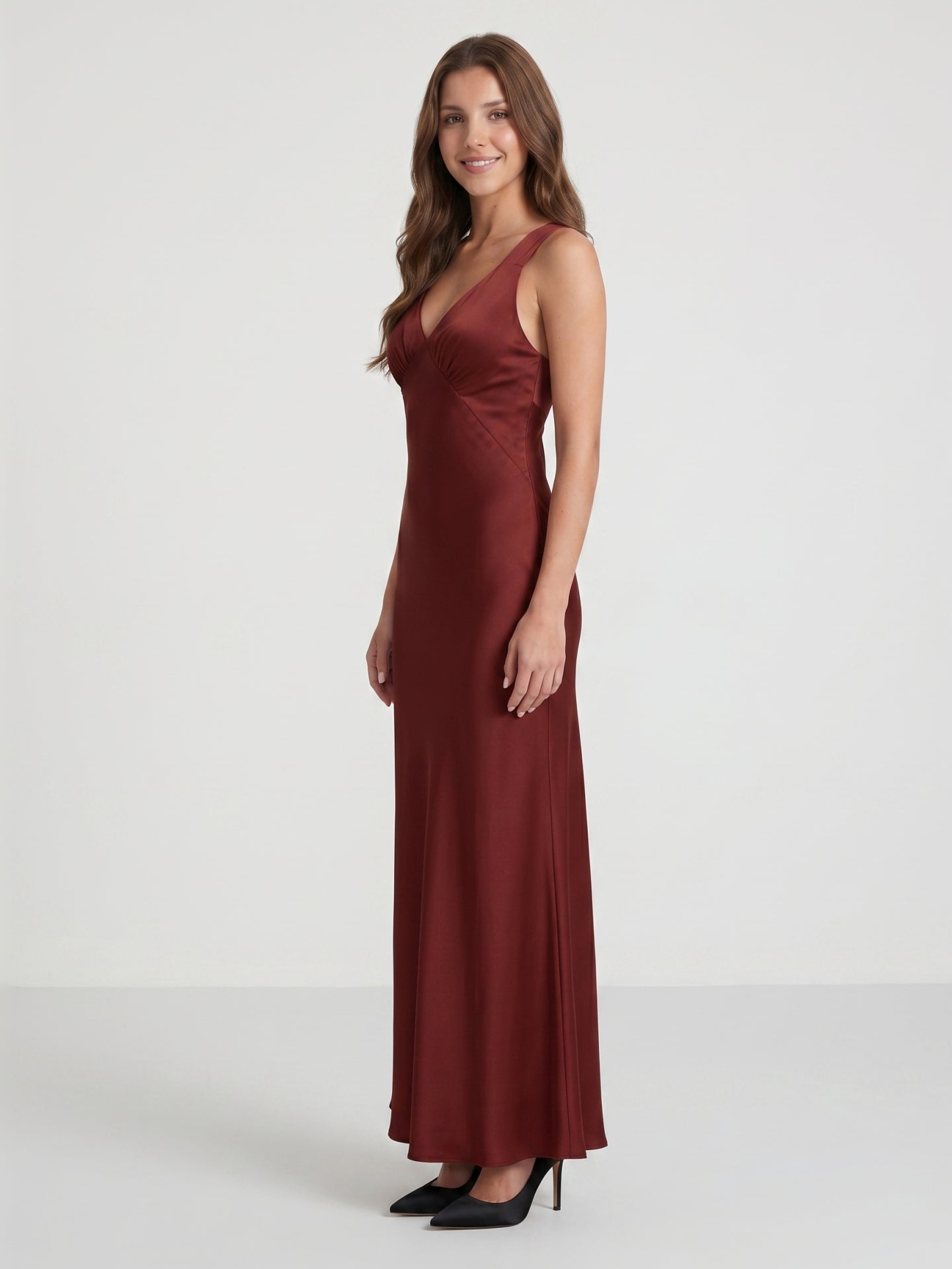 Burgundy Satin Column V-Neck V-Back Floor-Length Bridesmaid Dress - Curvevia