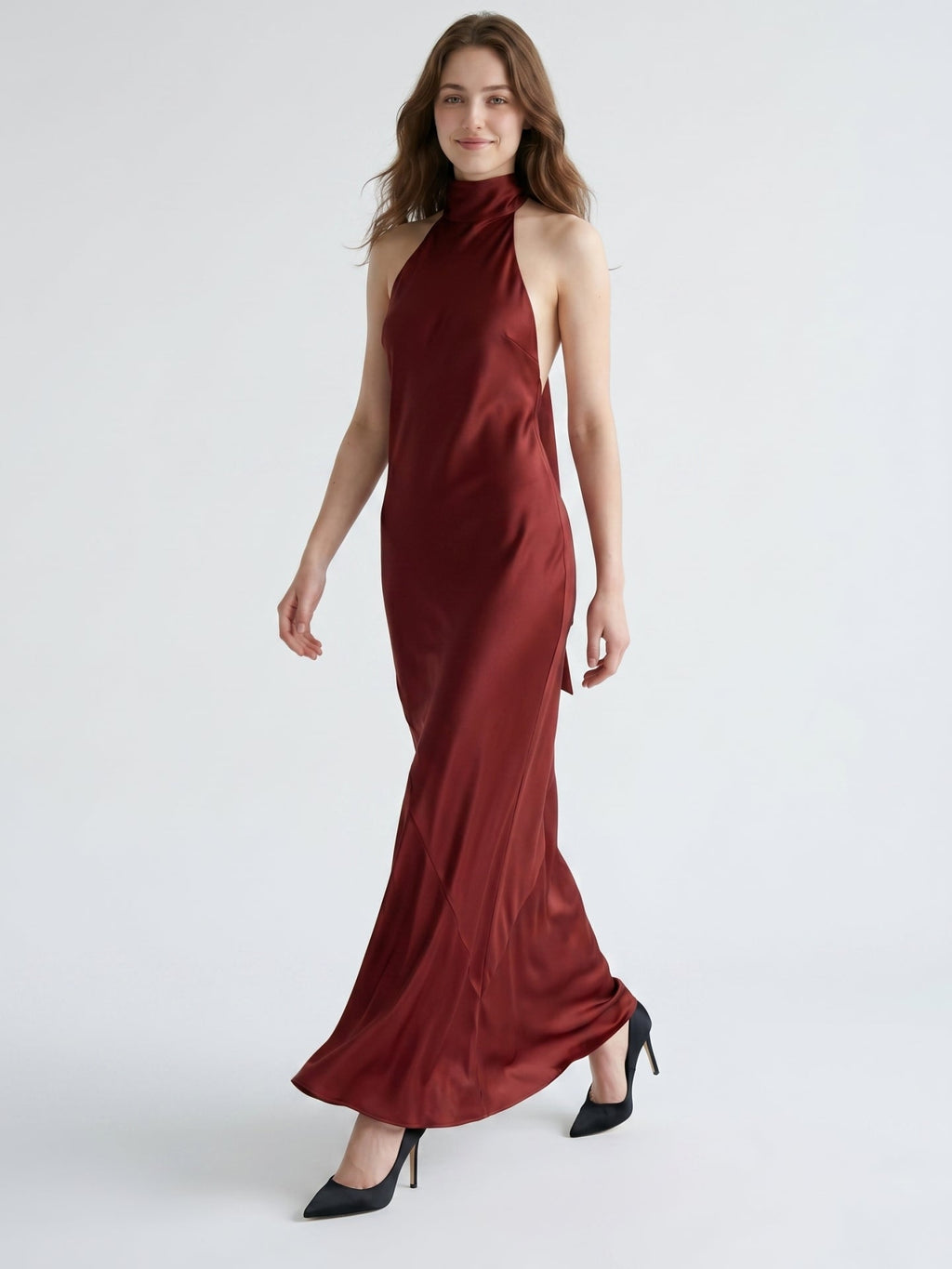 Burgundy Satin Mermaid Cowl Neck Backless Floor-Length Bridesmaid Dress with Bow - Curvevia
