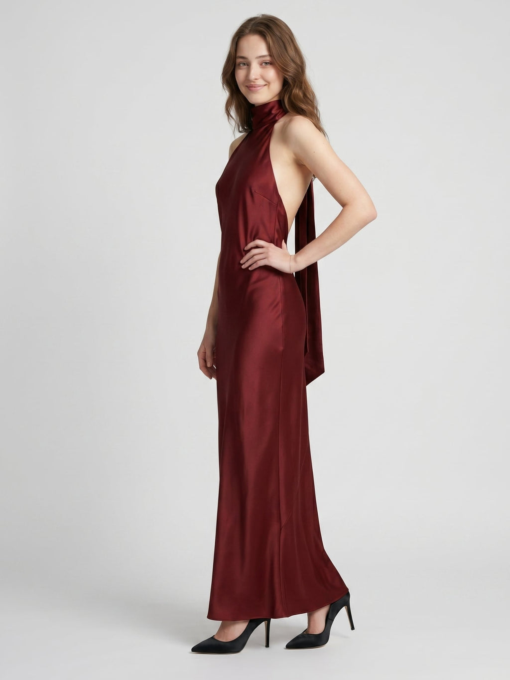 Burgundy Satin Mermaid Cowl Neck Backless Floor-Length Bridesmaid Dress with Bow - Curvevia