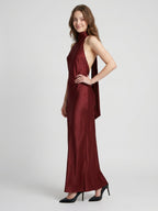 Burgundy Satin Mermaid Cowl Neck Backless Floor-Length Bridesmaid Dress with Bow - Curvevia