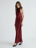 Burgundy Satin Mermaid Cowl Neck Backless Floor-Length Bridesmaid Dress with Bow - Curvevia