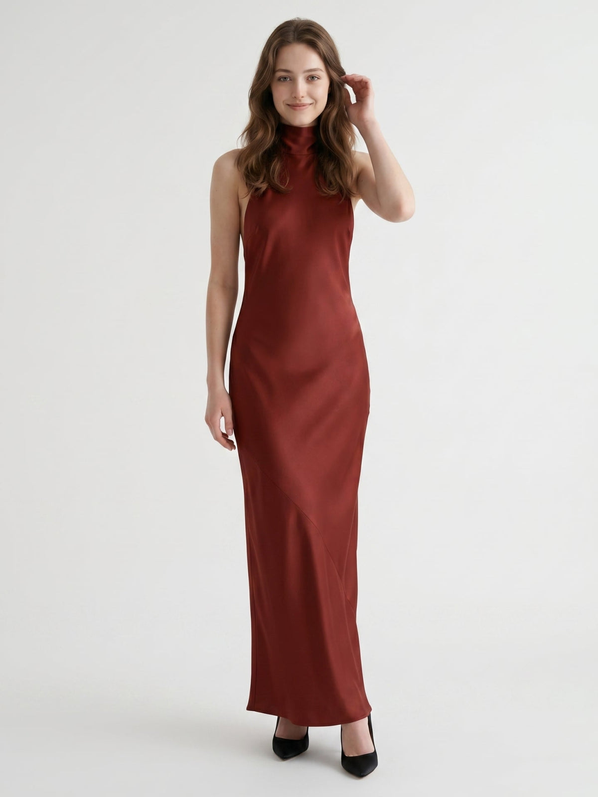 Burgundy Satin Mermaid Cowl Neck Backless Floor-Length Bridesmaid Dress with Bow - Curvevia