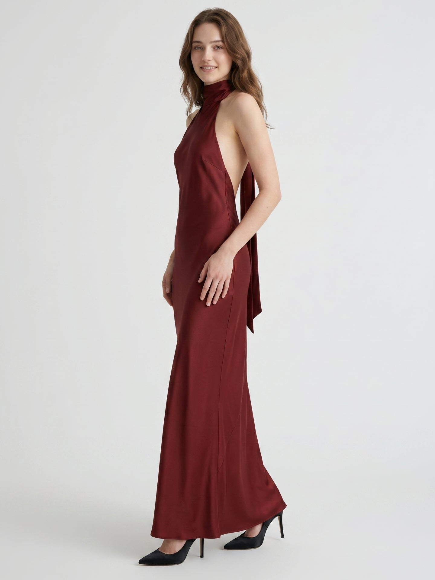 Burgundy Satin Mermaid Cowl Neck Backless Floor-Length Bridesmaid Dress with Bow - Curvevia