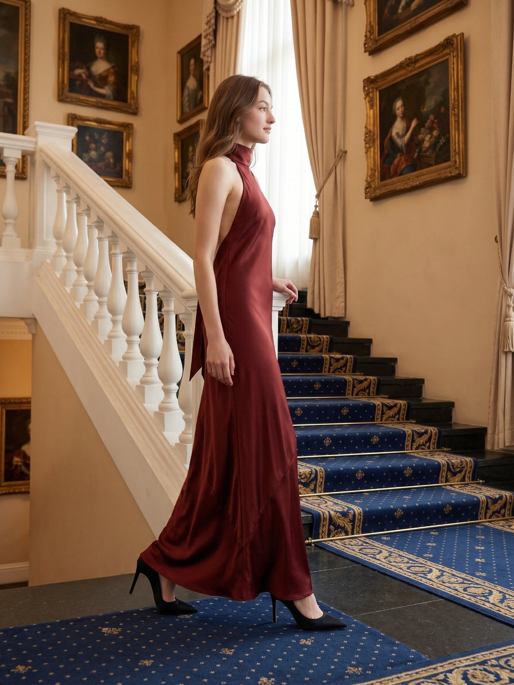 Burgundy Satin Mermaid Cowl Neck Backless Floor-Length Bridesmaid Dress with Bow - Curvevia